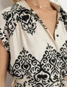 unigirl Rochie Taliată Boho din Vâscoză Bej-Neagră Legată în Talie cu Curea Losofia