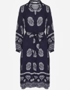 unigirl Rochie tip cămașă bleumarin decorată cu model ornamental și cordon de legat Roriola