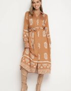 unigirl Rochie tip cămașă Maro deschis Decorată cu model ornamental și cordon legat Roriola
