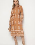 unigirl Rochie tip cămașă Maro deschis Decorată cu model ornamental și cordon legat Roriola