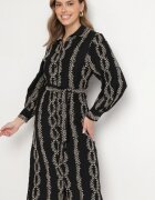 unigirl Rochie tip cămașă Neagră din Viscoză cu Cordon Legat Decorată cu Broderie Rallisia