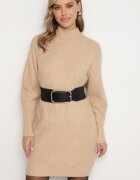 unigirl Rochie Tricotată Bej cu Guler înalt și Lână Croi Drept Norienne