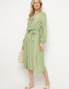 unigirl Rochie Verde cu Vâscoză cu o Croială Evazată cu Legătură și Broderie Velvania
