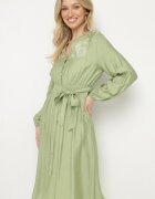 unigirl Rochie Verde cu Vâscoză cu o Croială Evazată cu Legătură și Broderie Velvania