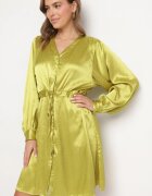 unigirl Rochie Verde De Satin Tip Cămașă cu Centură și Pietre Decorative Poledia