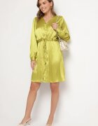 unigirl Rochie Verde De Satin Tip Cămașă cu Centură și Pietre Decorative Poledia