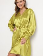 unigirl Rochie Verde De Satin Tip Cămașă cu Centură și Pietre Decorative Poledia