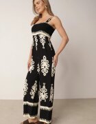 unigirl Salopetă Negru-Bej din Viscoză cu Bretele cu Partea de Sus Încrețită și cu Craci Lungi Teseria