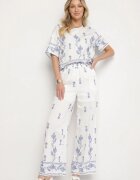 unigirl Set Alb din Vâscoză Brodat Tricou și Pantaloni Largi Tezonea