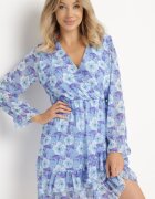 Unique Rochie Albastră Florală cu Decolteu Triunghiular Marnlla