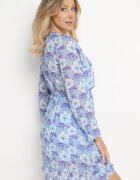 Unique Rochie Albastră Florală cu Decolteu Triunghiular Marnlla