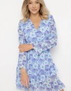 Unique Rochie Albastră Florală cu Decolteu Triunghiular Marnlla
