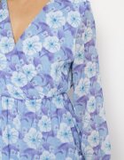 Unique Rochie Albastră Florală cu Decolteu Triunghiular Marnlla
