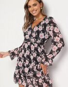Unique Rochie Neagră cu Imprimeu Floral cu Decolteu Triunghiular Marnlla