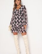 Unique Rochie Neagră cu Imprimeu Floral cu Decolteu Triunghiular Marnlla