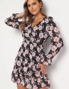 Unique Rochie Neagră cu Imprimeu Floral cu Decolteu Triunghiular Marnlla