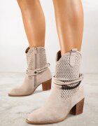 vices Botine ajurate bej deschis cu toc decorate cu barete Mirfedi