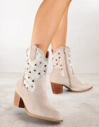 vices Botine bej deschis cu toc stil cowboy decorate cu model ajurat Zelori