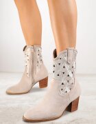 vices Botine bej deschis cu toc stil cowboy decorate cu model ajurat Zelori