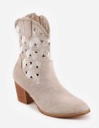 vices Botine bej deschis cu toc stil cowboy decorate cu model ajurat Zelori