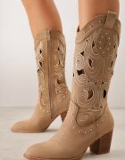 vices Botine Cowboy Bej închis cu toc cu carâmb ajurat cu nituri Rienatea