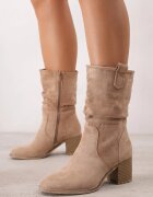 vices Botine Cowboy Bej închis pe toc bloc jos cu carâmb încrețit și fermoar Zortava