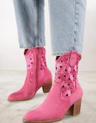 vices Botine Fucsia cu toc stil cowboy decorate cu model ajurat Zelori