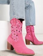 vices Botine Fucsia cu toc stil cowboy decorate cu model ajurat Zelori