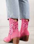 vices Botine Fucsia cu toc stil cowboy decorate cu model ajurat Zelori
