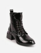 vices Botine Negre Lăcuite cu Toc Bloc cu Ornament Geometric și Șireturi Falassea