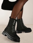 vices Botine Plate Negre din Imitatie Piele intoarsa Stil Worker cu Zirconii si Sireturi Decorative Lerionas