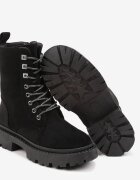 vices Botine Plate Negre din Imitatie Piele intoarsa Stil Worker cu Zirconii si Sireturi Decorative Lerionas