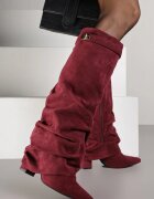 vices Cizme bej închis cu toc bloc cu carâmb încrețit care imită o cracă de pantaloni Bordo