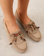 vices Mocasini Bej deschis cu Branț din Piele Naturală și Mărgele Decorative Neni