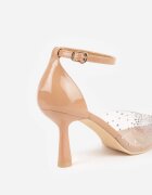 vices Pantofi cu toc bej pe toc stiletto cu vârf transparent cu zirconii și branț din piele Liliris