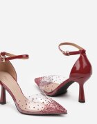 vices Pantofi cu toc Bordeaux cu toc stiletto cu vârf transparent cu zirconii și branț din piele Liliris