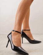 vices Pantofi Stiletto Negri Lăcuiți cu Branț din Piele și Curea la Gleză Alendde