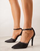 vices Pantofi stiletto satinați negri cu branț din piele decorați cu zirconii Lizzira