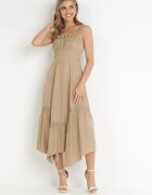vices Rochie Bej Maxi Evazată cu Decorațiuni din Dantelă și Șnur Elenime