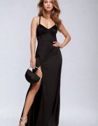 vices Rochie de Satin Neagră Maxi cu fermoar ascuns cu bretele subțiri Jermela