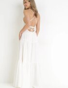 vices Rochie Maxi Albă cu bretele subțiri cu șiret la spate decorată cu volane Beatrics