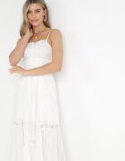 vices Rochie Maxi Albă Evazată cu Aplicații de Dantelă și Șnur Elenime