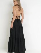 vices Rochie Maxi Neagră pe bretele subțiri cu legătură la spate decorată cu volane Beatrics
