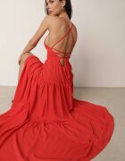 vices Rochie Maxi Roșie pe Bretele Subțiri cu Legătură la Spate Decorată cu Volane Beatrics