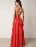 vices Rochie Maxi Roșie pe Bretele Subțiri cu Legătură la Spate Decorată cu Volane Beatrics