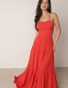 vices Rochie Maxi Roșie pe Bretele Subțiri cu Legătură la Spate Decorată cu Volane Beatrics