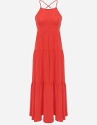 vices Rochie Maxi Roșie pe Bretele Subțiri cu Legătură la Spate Decorată cu Volane Beatrics