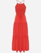 vices Rochie Maxi Roșie pe Bretele Subțiri cu Legătură la Spate Decorată cu Volane Beatrics