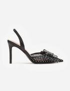 vices Stiletto cu toc cu partea superioară din plasă cu dungi pe călcâi cu fundiță și zirconii Telane Albi Negri