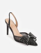 vices Stiletto cu toc cu partea superioară din plasă cu dungi pe călcâi cu fundiță și zirconii Telane Albi Negri